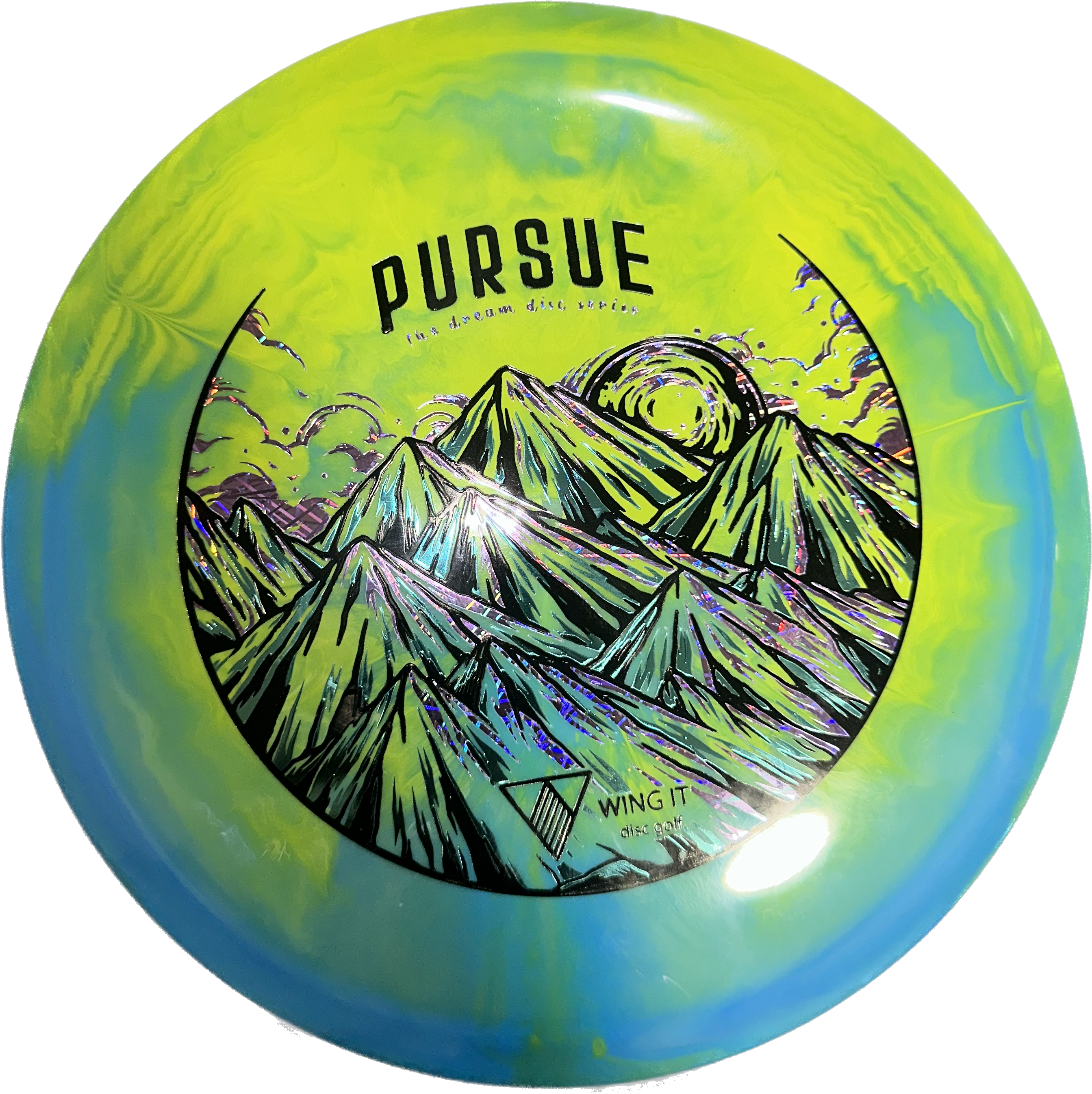 Pursue disc golf disc with mountain design